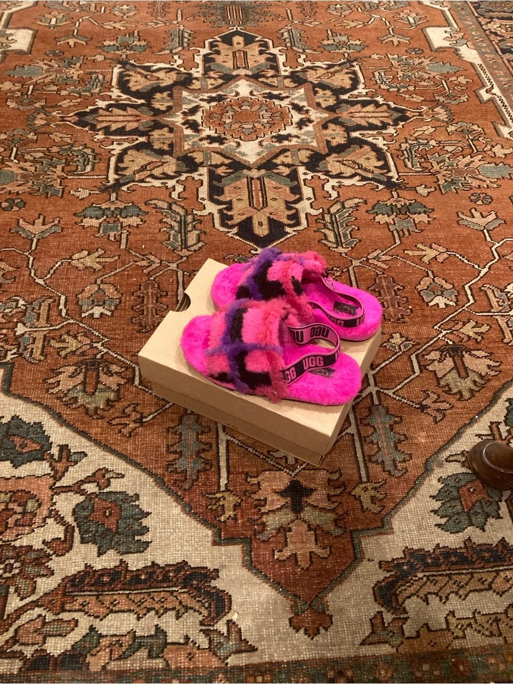 UGG Kids Fuzzy Slide Sandals in Hot Pink and Purple